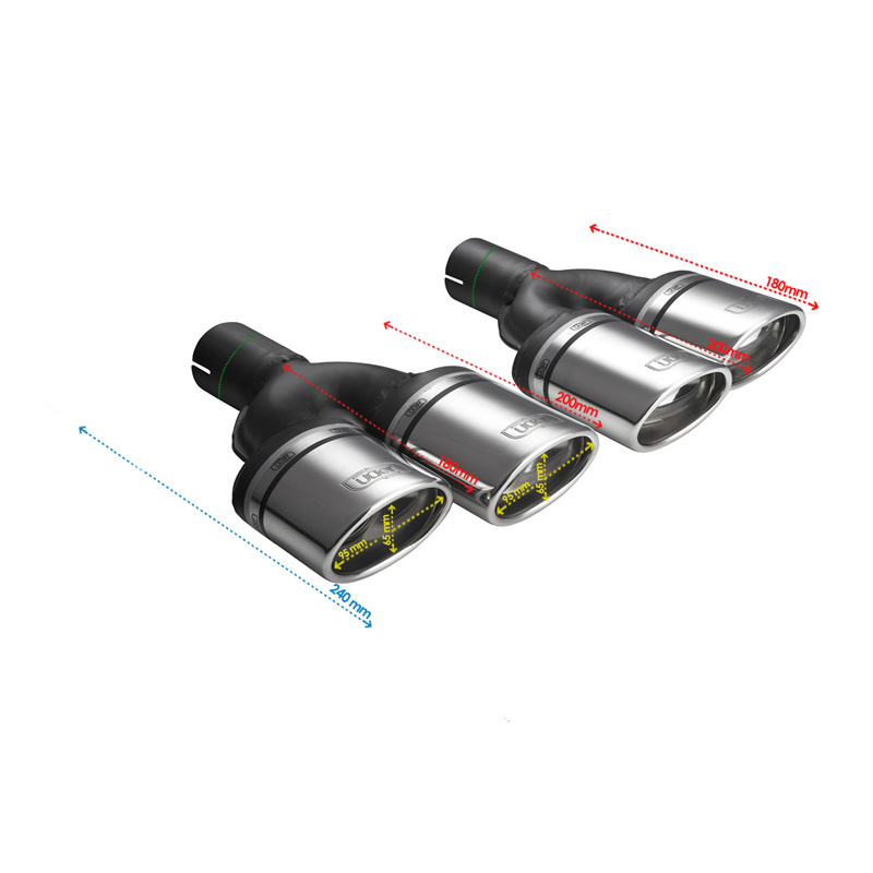 Ulter Sport Uitlaatsierstuk (links) - Dubbel Ovaal 95x65mm Schuin - Lengte 200/180mm - Montage ->50mm - RVS